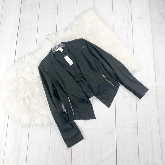 WHBM Black Linen Motorcycle Light shoulder Padding Jacket Size 8 NEW - Picture 2 of 5